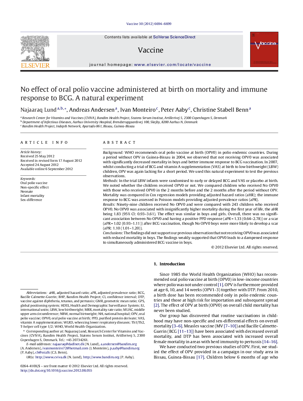 No effect of oral polio vaccine administered at birth on mortality and immune response to BCG. A natural experiment