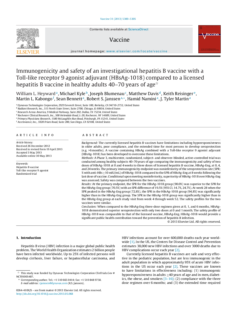 Immunogenicity and safety of an investigational hepatitis B vaccine with a Toll-like receptor 9 agonist adjuvant (HBsAg-1018) compared to a licensed hepatitis B vaccine in healthy adults 40-70 years of age