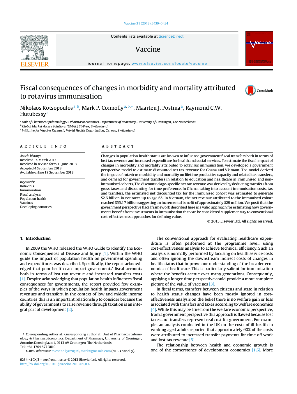 Fiscal consequences of changes in morbidity and mortality attributed to rotavirus immunisation