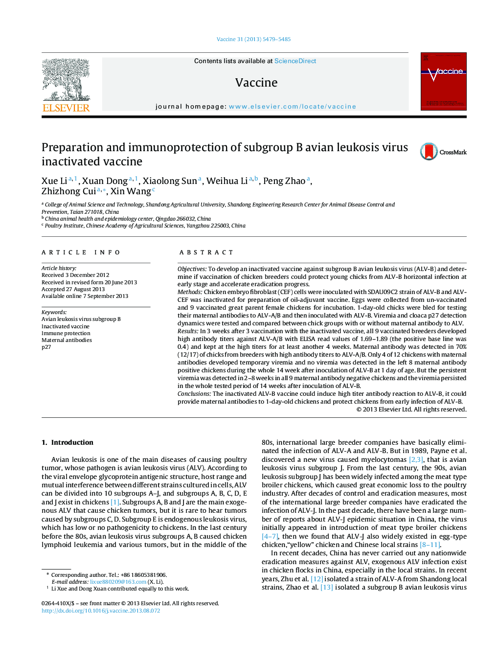 Preparation and immunoprotection of subgroup B avian leukosis virus inactivated vaccine