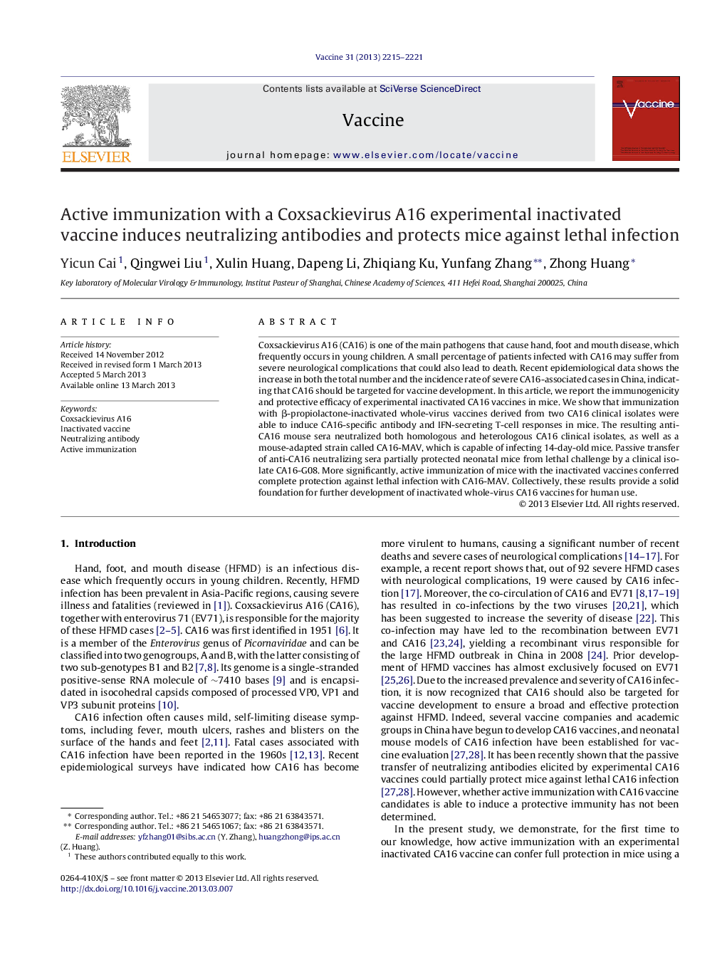 Active immunization with a Coxsackievirus A16 experimental inactivated vaccine induces neutralizing antibodies and protects mice against lethal infection