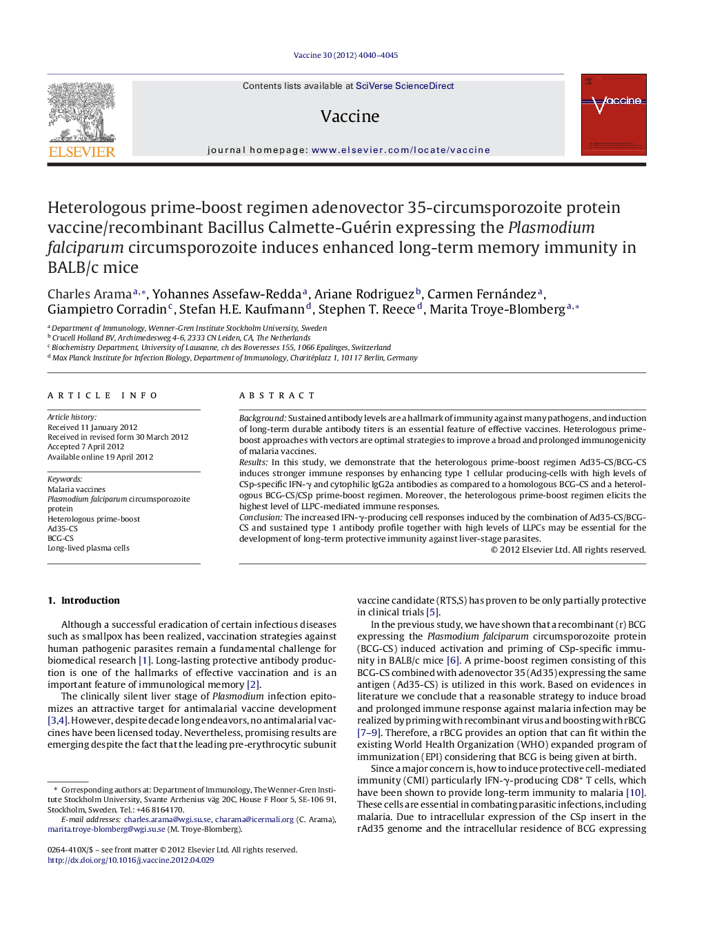 Heterologous prime-boost regimen adenovector 35-circumsporozoite protein vaccine/recombinant Bacillus Calmette-Guérin expressing the Plasmodium falciparum circumsporozoite induces enhanced long-term memory immunity in BALB/c mice