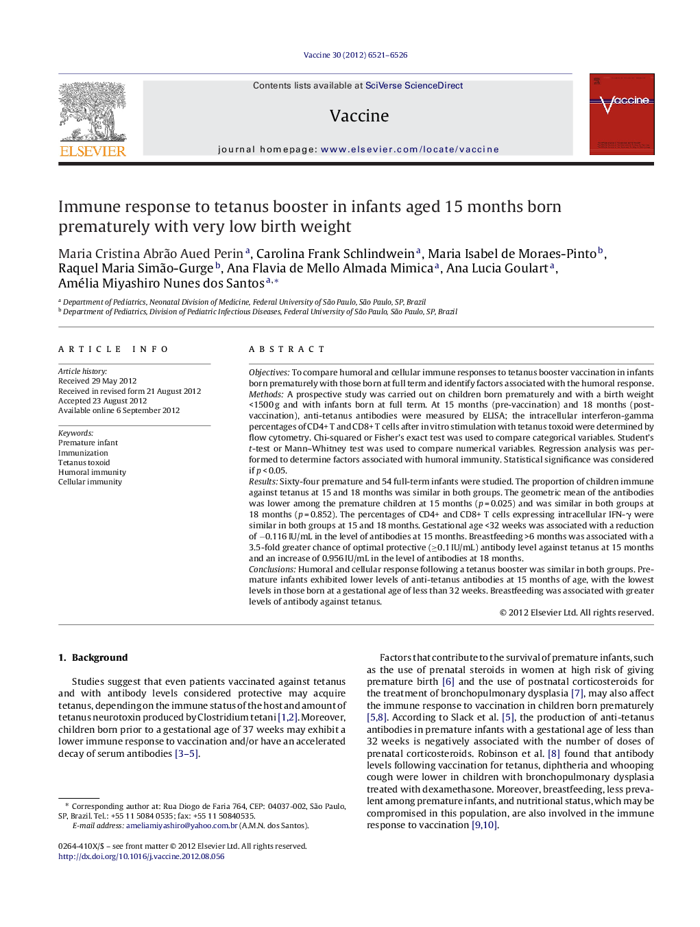 Immune response to tetanus booster in infants aged 15 months born prematurely with very low birth weight