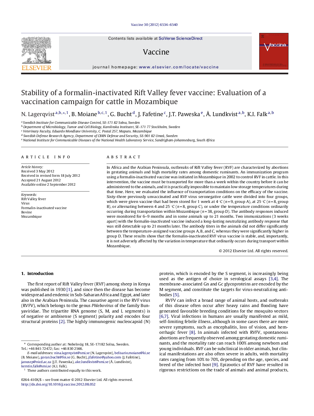 Stability of a formalin-inactivated Rift Valley fever vaccine: Evaluation of a vaccination campaign for cattle in Mozambique