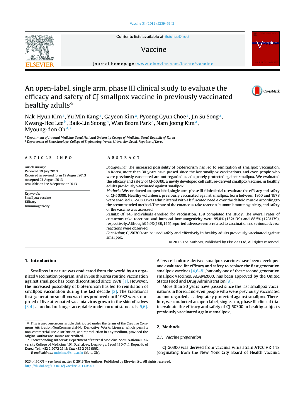 An open-label, single arm, phase III clinical study to evaluate the efficacy and safety of CJ smallpox vaccine in previously vaccinated healthy adults