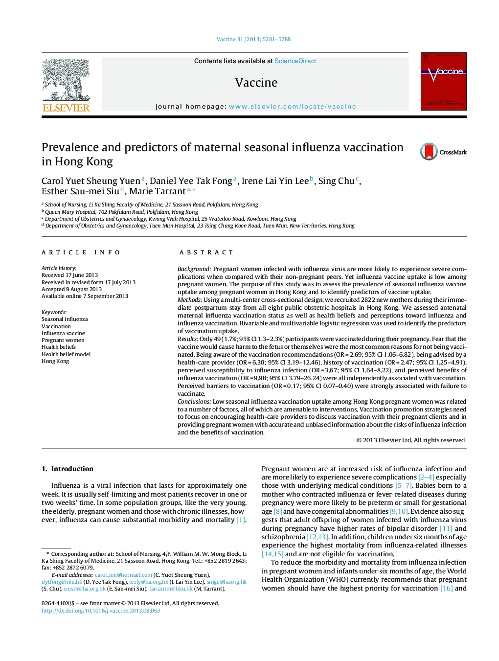 Prevalence and predictors of maternal seasonal influenza vaccination in Hong Kong