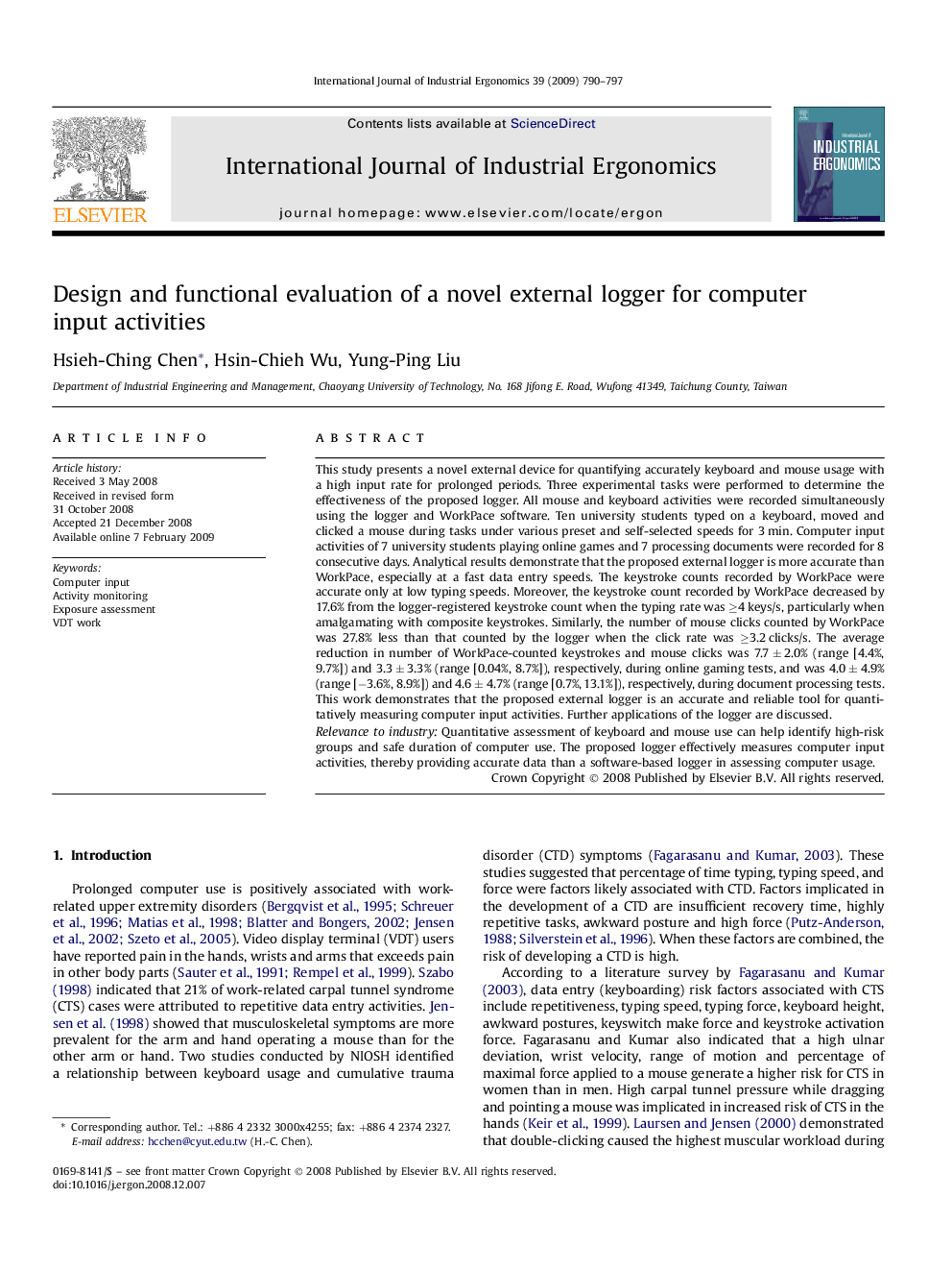 Design and functional evaluation of a novel external logger for computer input activities