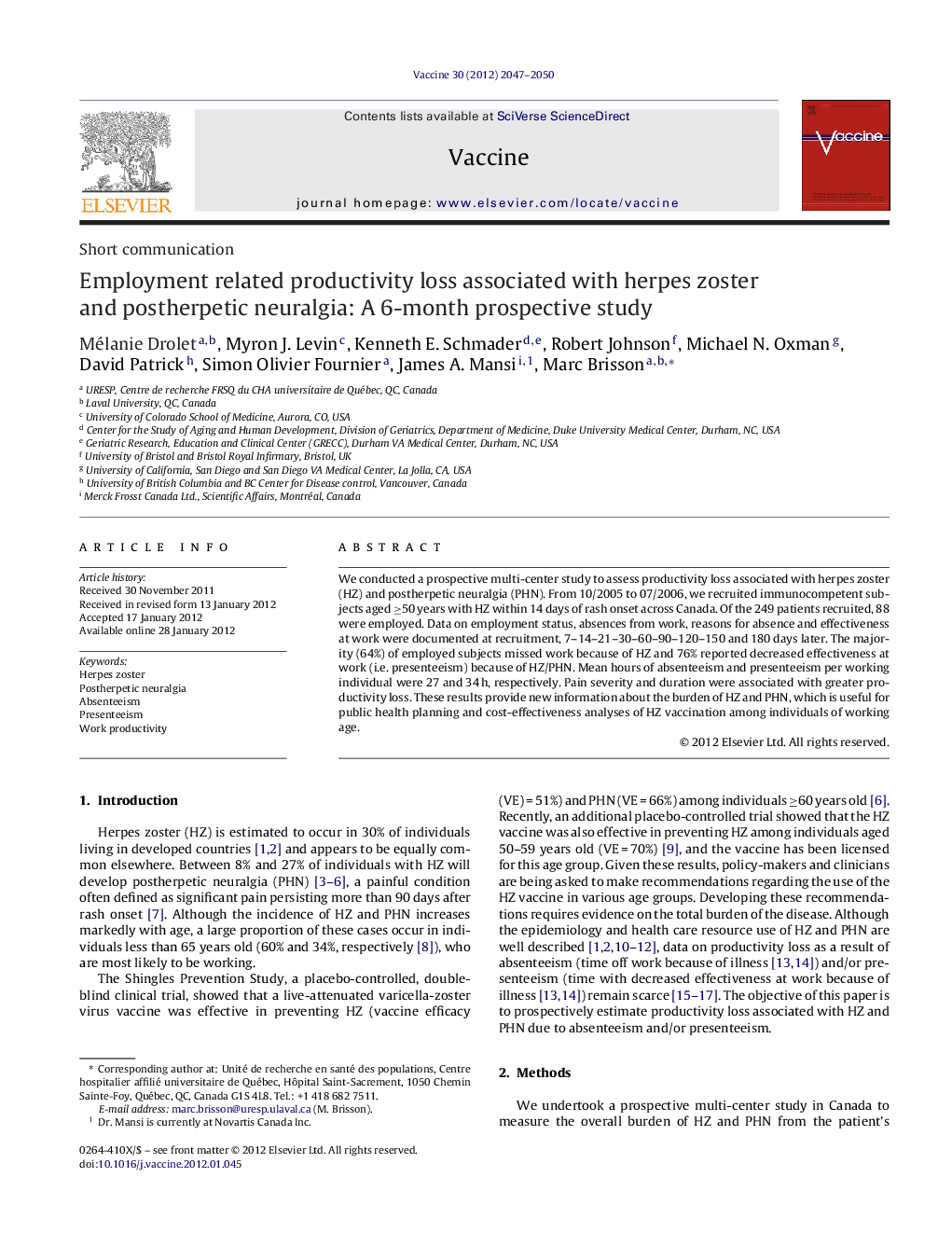 Employment related productivity loss associated with herpes zoster and postherpetic neuralgia: A 6-month prospective study