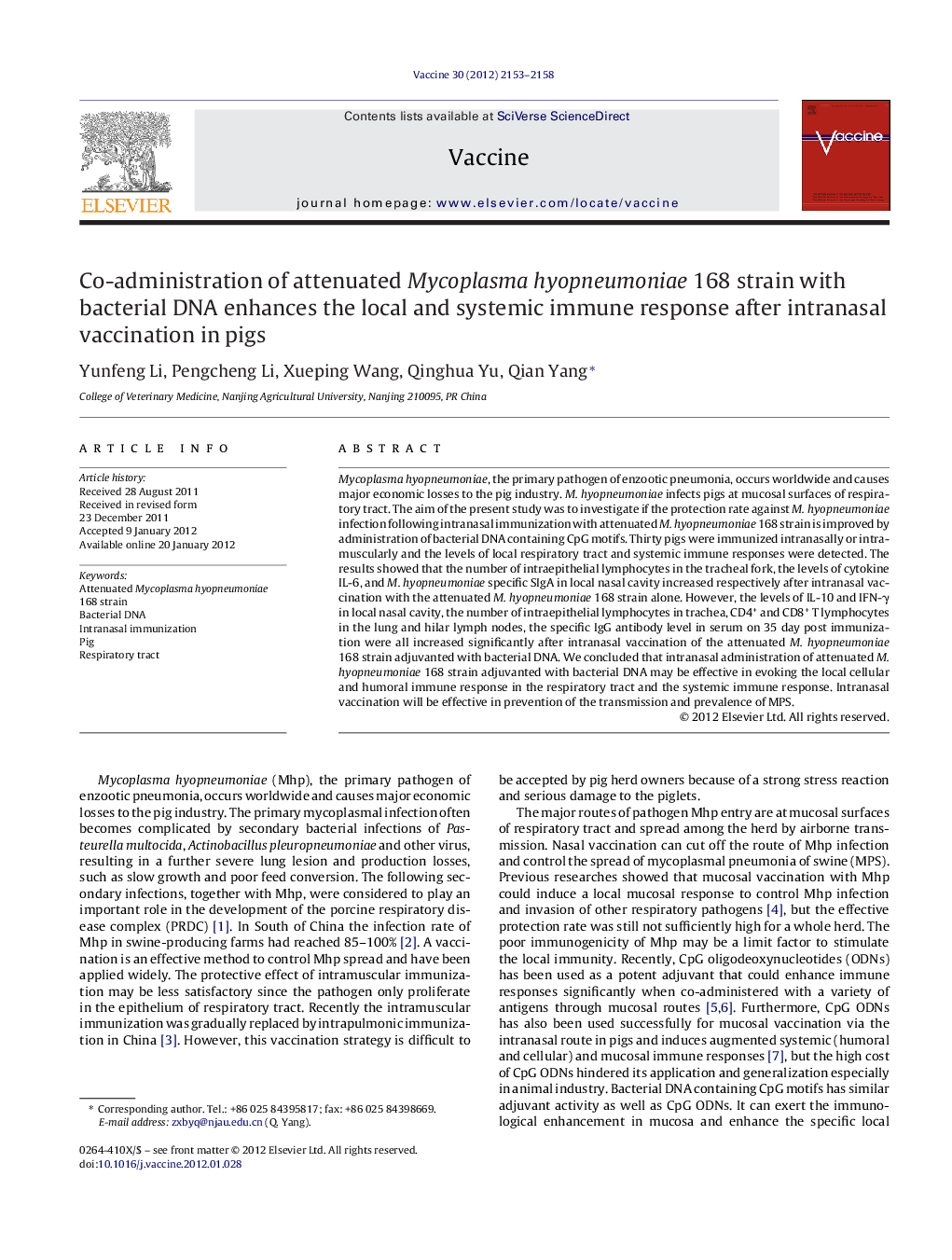 Co-administration of attenuated Mycoplasma hyopneumoniae 168 strain with bacterial DNA enhances the local and systemic immune response after intranasal vaccination in pigs