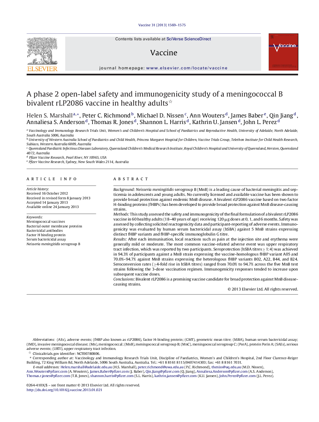 A phase 2 open-label safety and immunogenicity study of a meningococcal B bivalent rLP2086 vaccine in healthy adults