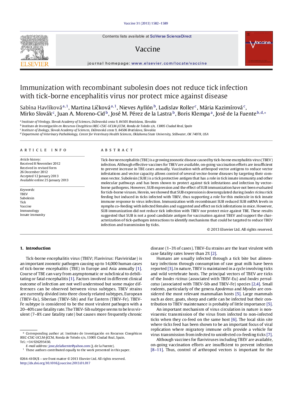 Immunization with recombinant subolesin does not reduce tick infection with tick-borne encephalitis virus nor protect mice against disease