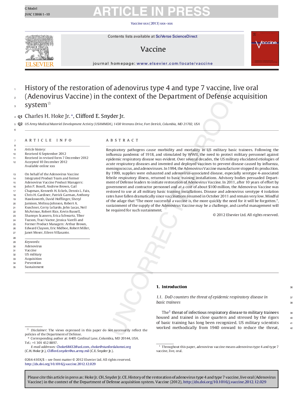 History of the restoration of adenovirus type 4 and type 7 vaccine, live oral (Adenovirus Vaccine) in the context of the Department of Defense acquisition system