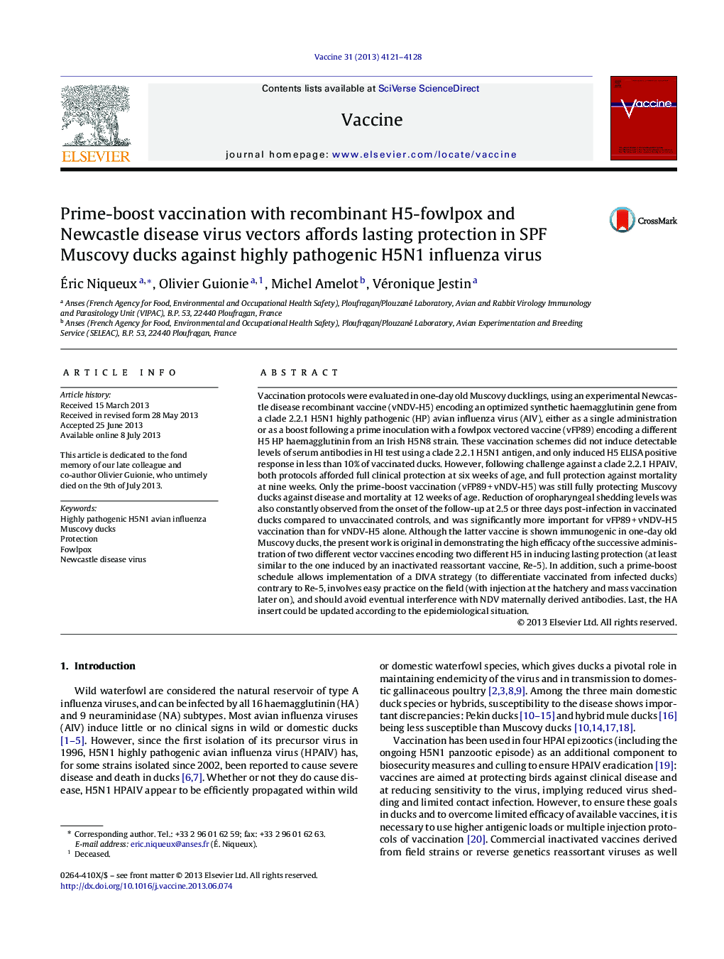 Prime-boost vaccination with recombinant H5-fowlpox and Newcastle disease virus vectors affords lasting protection in SPF Muscovy ducks against highly pathogenic H5N1 influenza virus