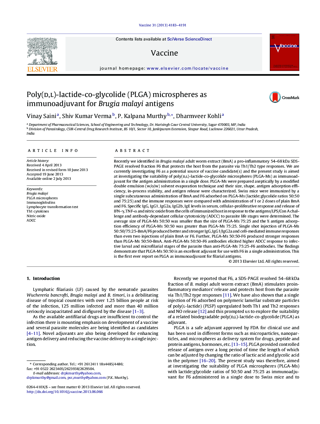 Poly(d,l)-lactide-co-glycolide (PLGA) microspheres as immunoadjuvant for Brugia malayi antigens