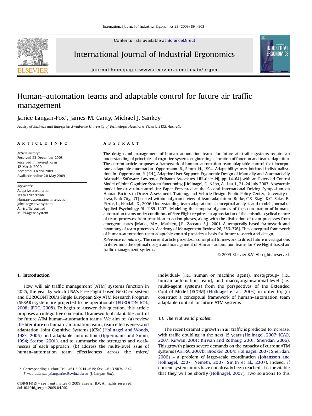 Human–automation teams and adaptable control for future air traffic management