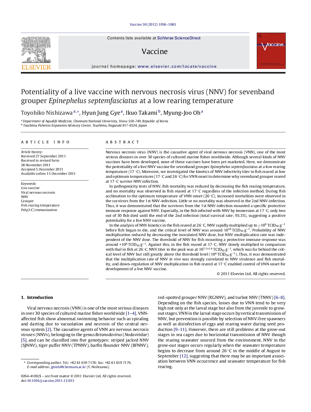 Potentiality of a live vaccine with nervous necrosis virus (NNV) for sevenband grouper Epinephelus septemfasciatus at a low rearing temperature