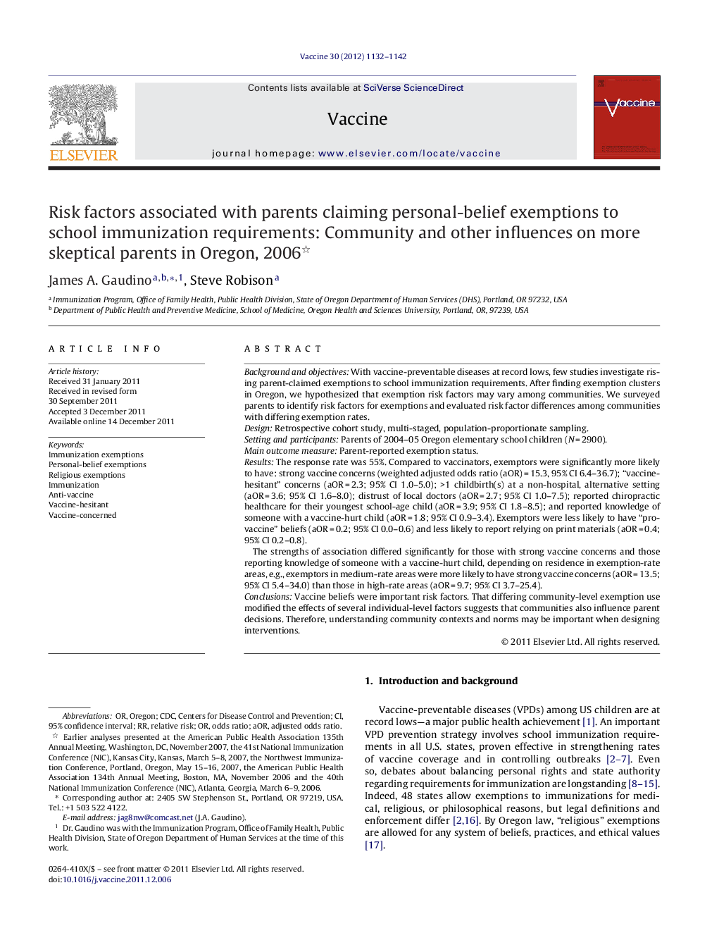 Risk factors associated with parents claiming personal-belief exemptions to school immunization requirements: Community and other influences on more skeptical parents in Oregon, 2006