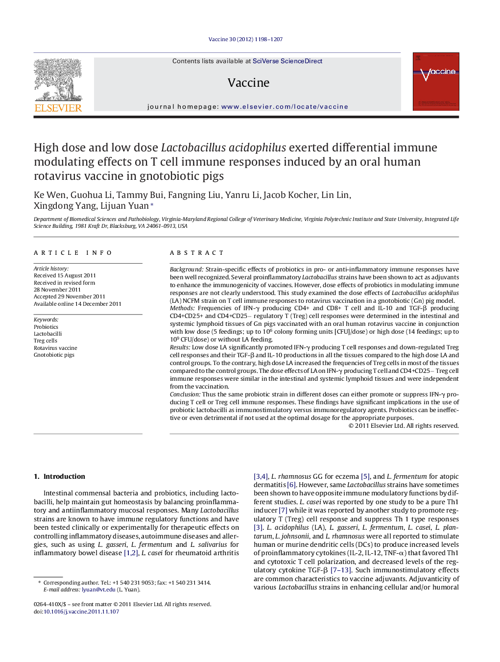 High dose and low dose Lactobacillus acidophilus exerted differential immune modulating effects on T cell immune responses induced by an oral human rotavirus vaccine in gnotobiotic pigs