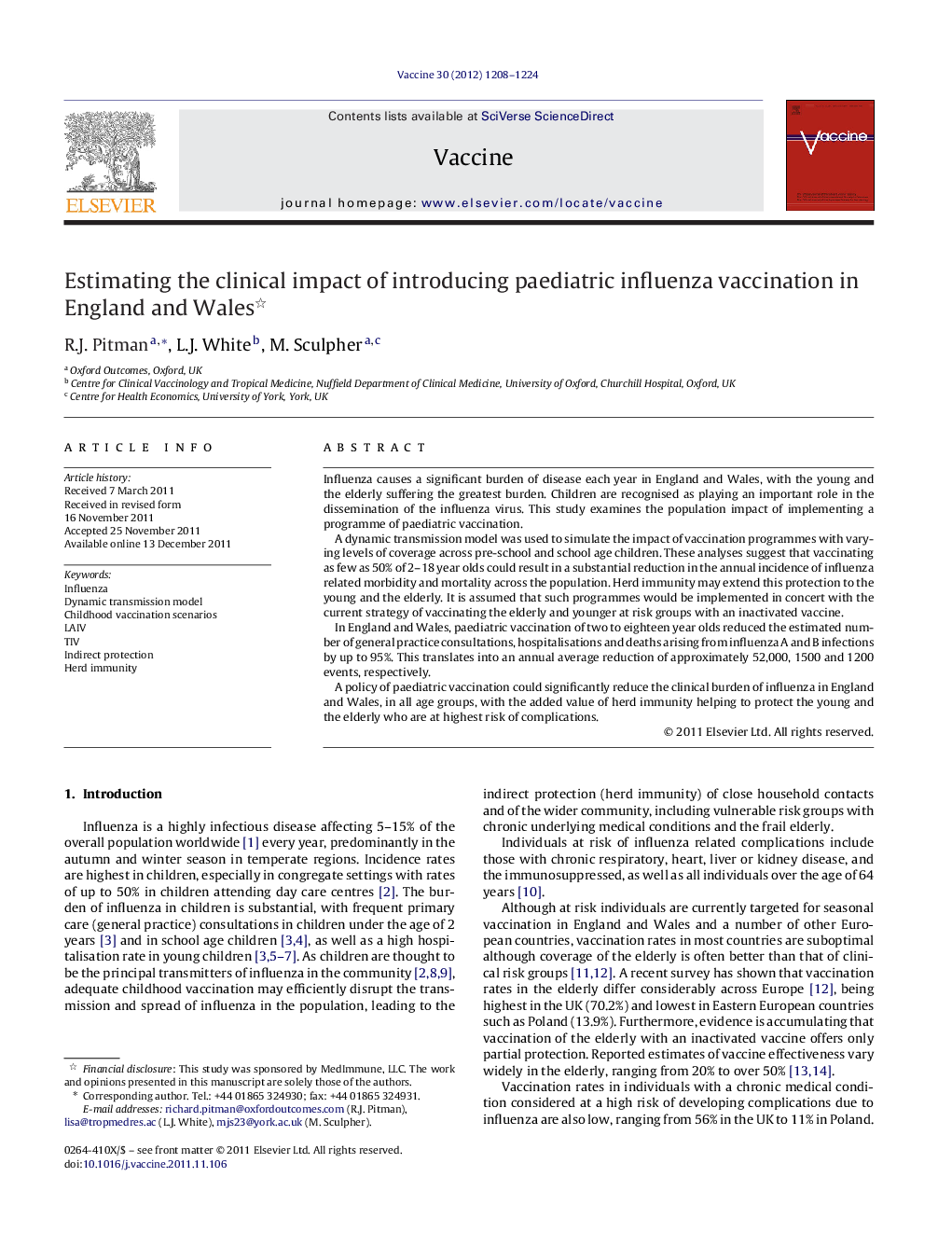 Estimating the clinical impact of introducing paediatric influenza vaccination in England and Wales