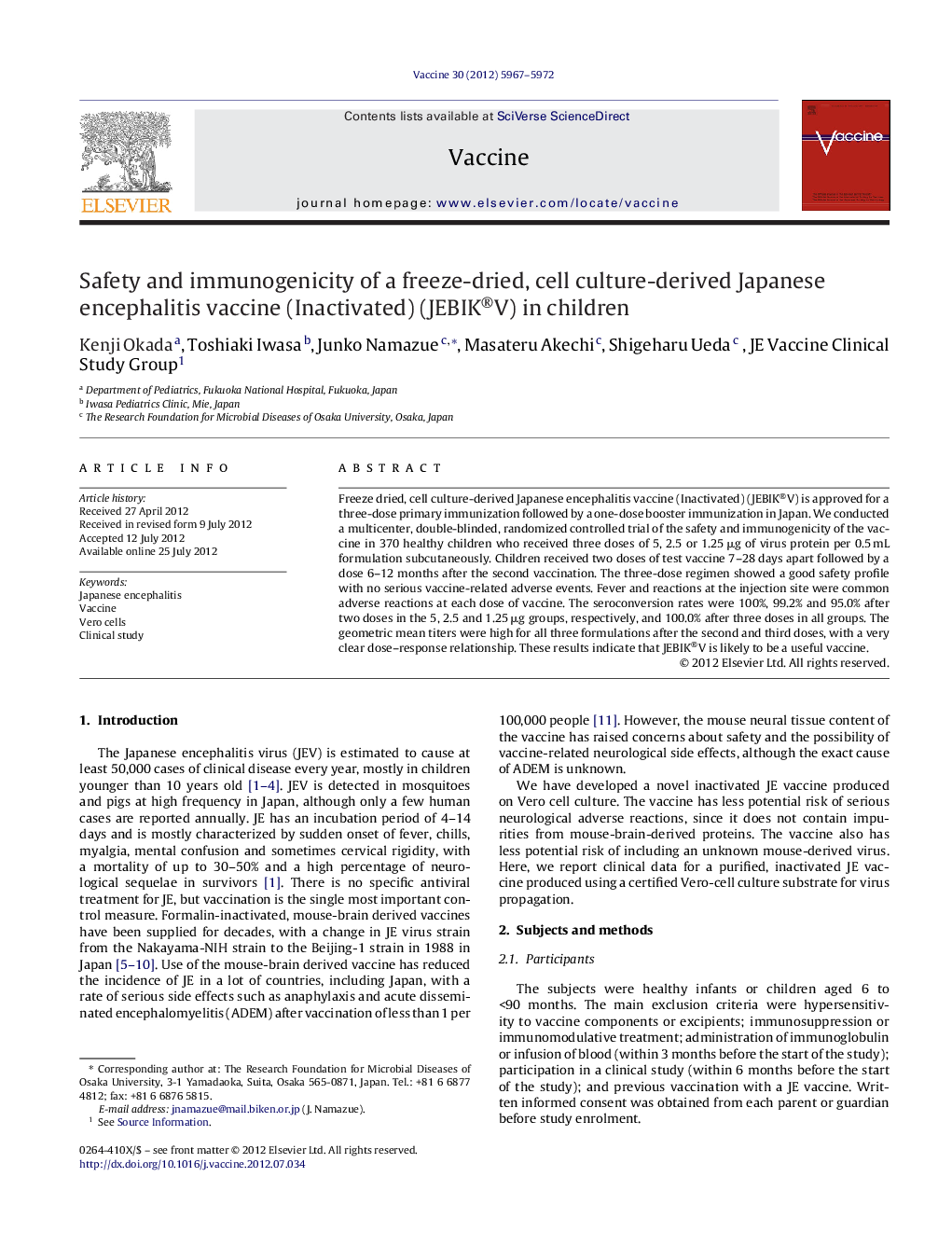 Safety and immunogenicity of a freeze-dried, cell culture-derived Japanese encephalitis vaccine (Inactivated) (JEBIK®V) in children