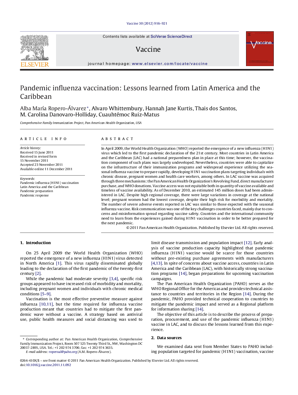 Pandemic influenza vaccination: Lessons learned from Latin America and the Caribbean