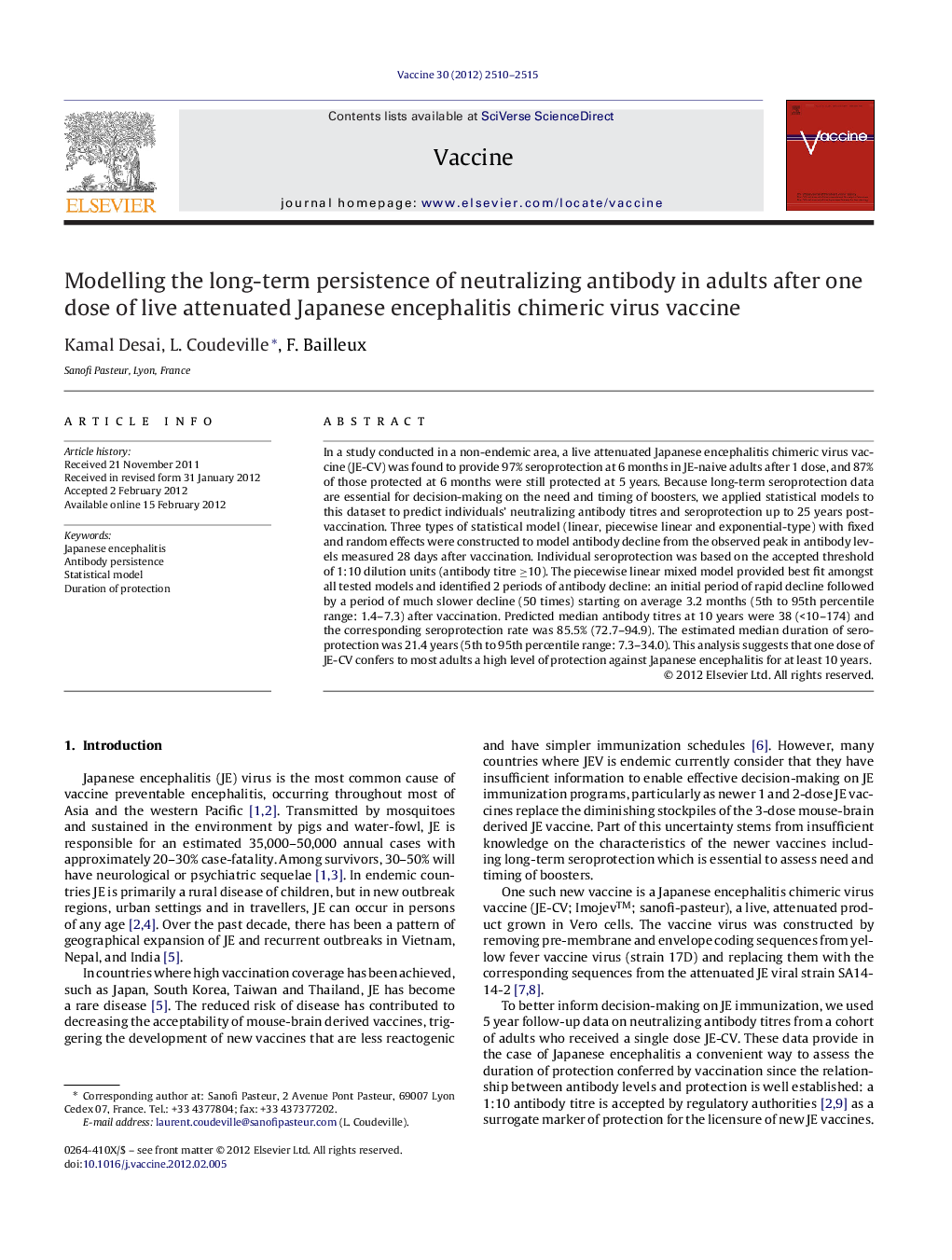 Modelling the long-term persistence of neutralizing antibody in adults after one dose of live attenuated Japanese encephalitis chimeric virus vaccine