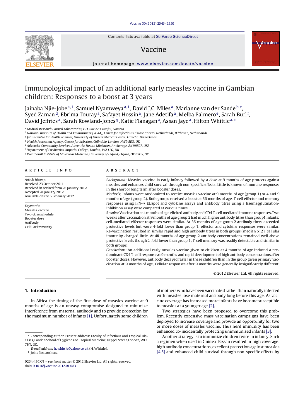 Immunological impact of an additional early measles vaccine in Gambian children: Responses to a boost at 3 years