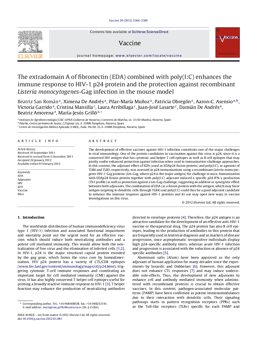 The extradomain A of fibronectin (EDA) combined with poly(I:C) enhances the immune response to HIV-1 p24 protein and the protection against recombinant Listeria monocytogenes-Gag infection in the mouse model