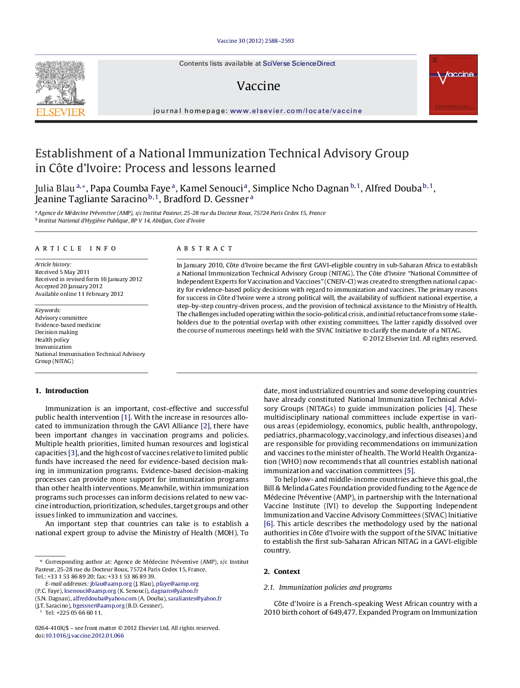 Establishment of a National Immunization Technical Advisory Group in CÃ´te d'Ivoire: Process and lessons learned