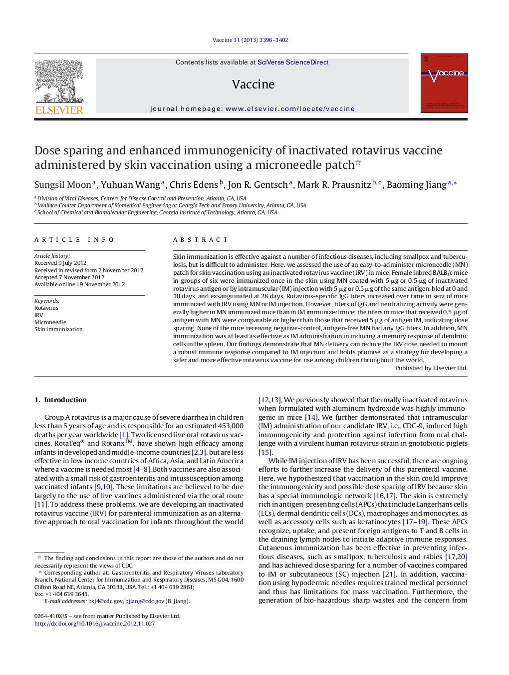 Dose sparing and enhanced immunogenicity of inactivated rotavirus vaccine administered by skin vaccination using a microneedle patch