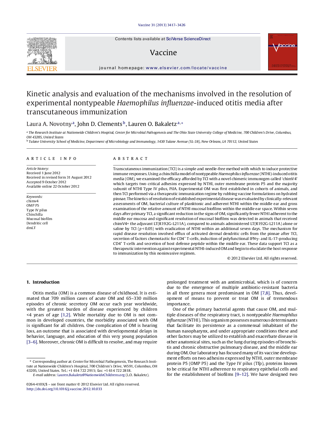 Kinetic analysis and evaluation of the mechanisms involved in the resolution of experimental nontypeable Haemophilus influenzae-induced otitis media after transcutaneous immunization