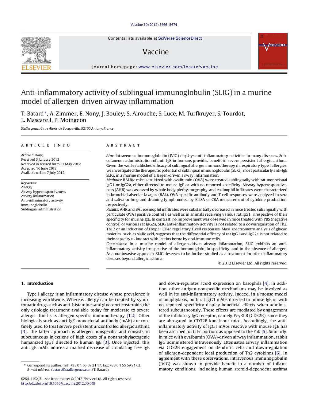 Anti-inflammatory activity of sublingual immunoglobulin (SLIG) in a murine model of allergen-driven airway inflammation