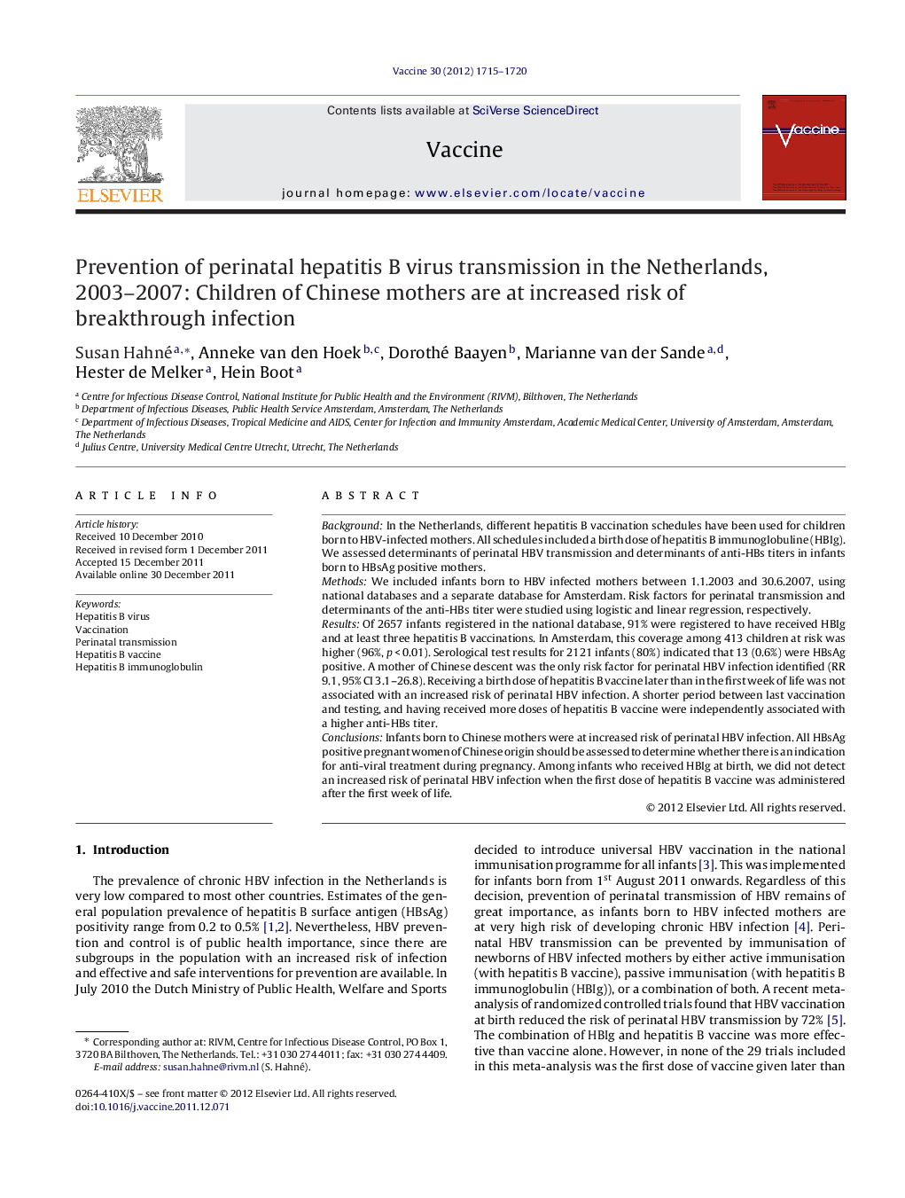 Prevention of perinatal hepatitis B virus transmission in the Netherlands, 2003-2007: Children of Chinese mothers are at increased risk of breakthrough infection