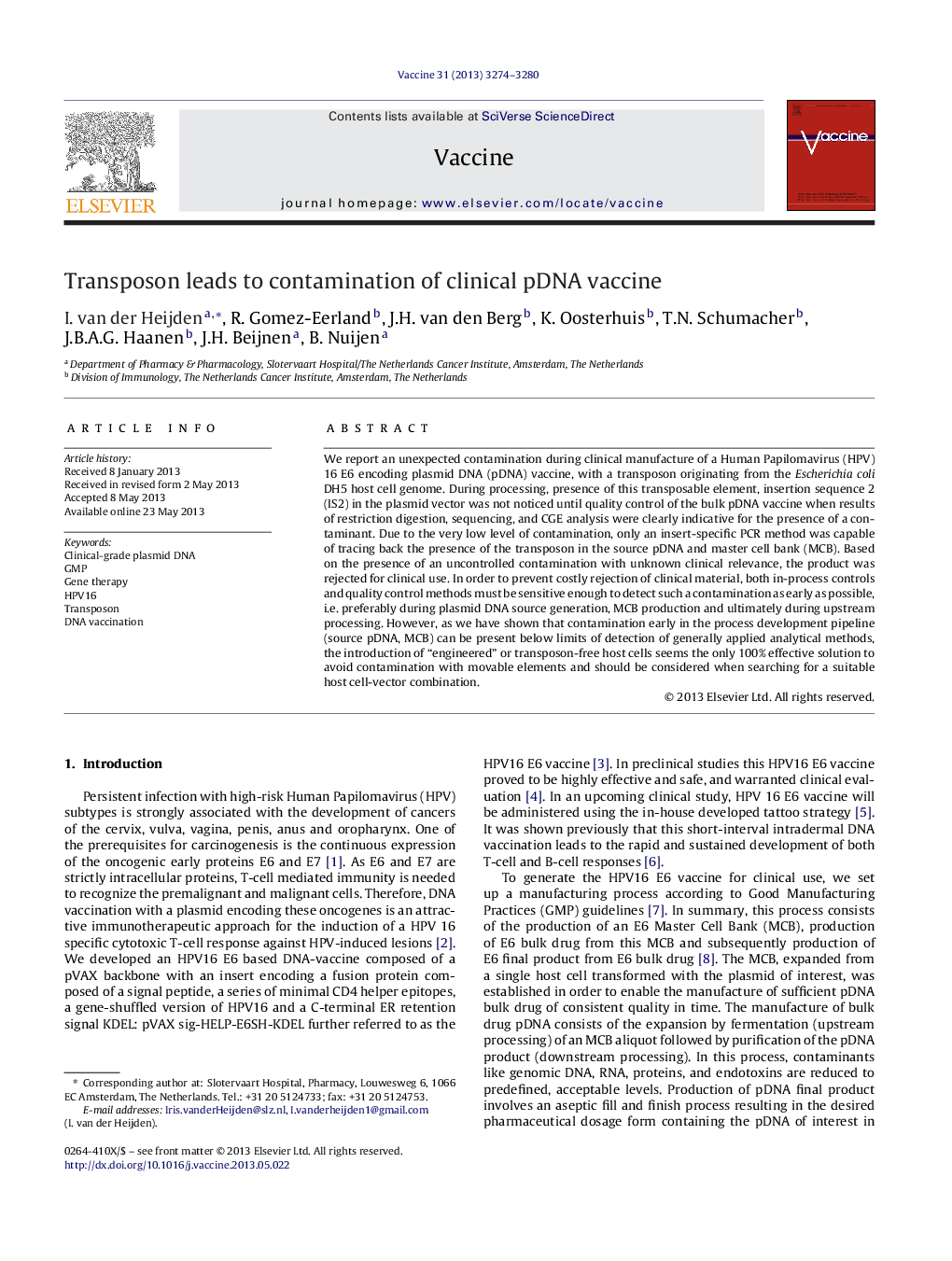 Transposon leads to contamination of clinical pDNA vaccine