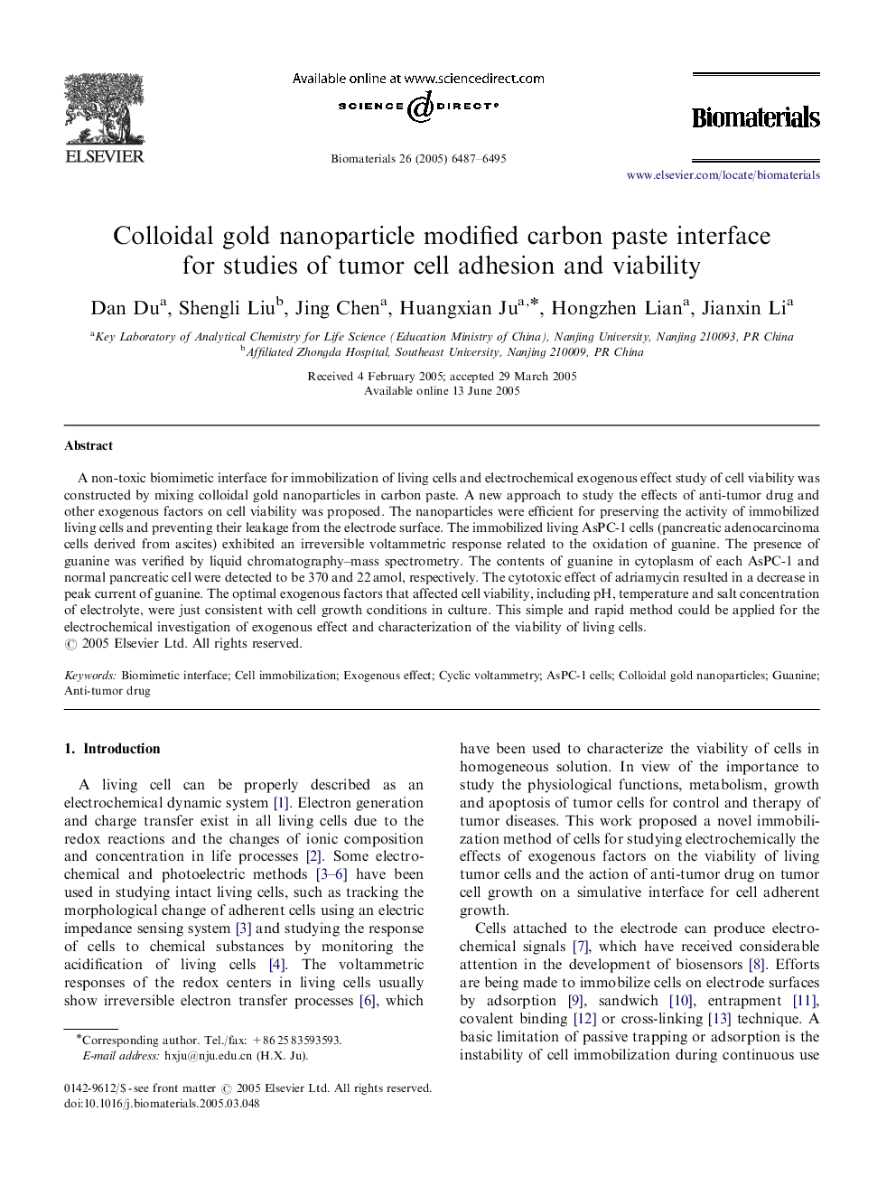 Colloidal gold nanoparticle modified carbon paste interface for studies of tumor cell adhesion and viability