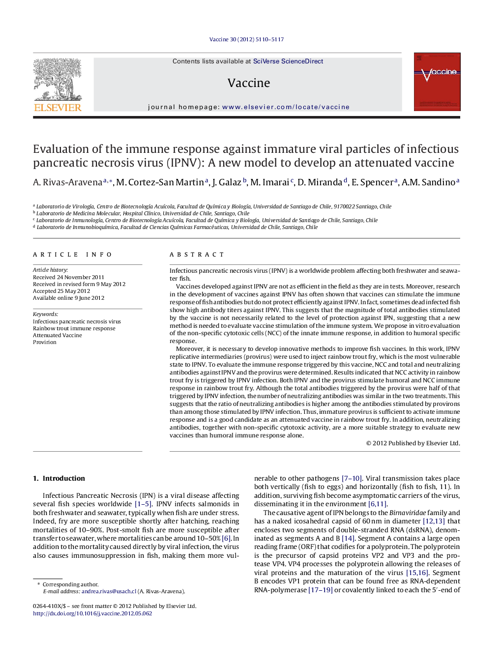 Evaluation of the immune response against immature viral particles of infectious pancreatic necrosis virus (IPNV): A new model to develop an attenuated vaccine