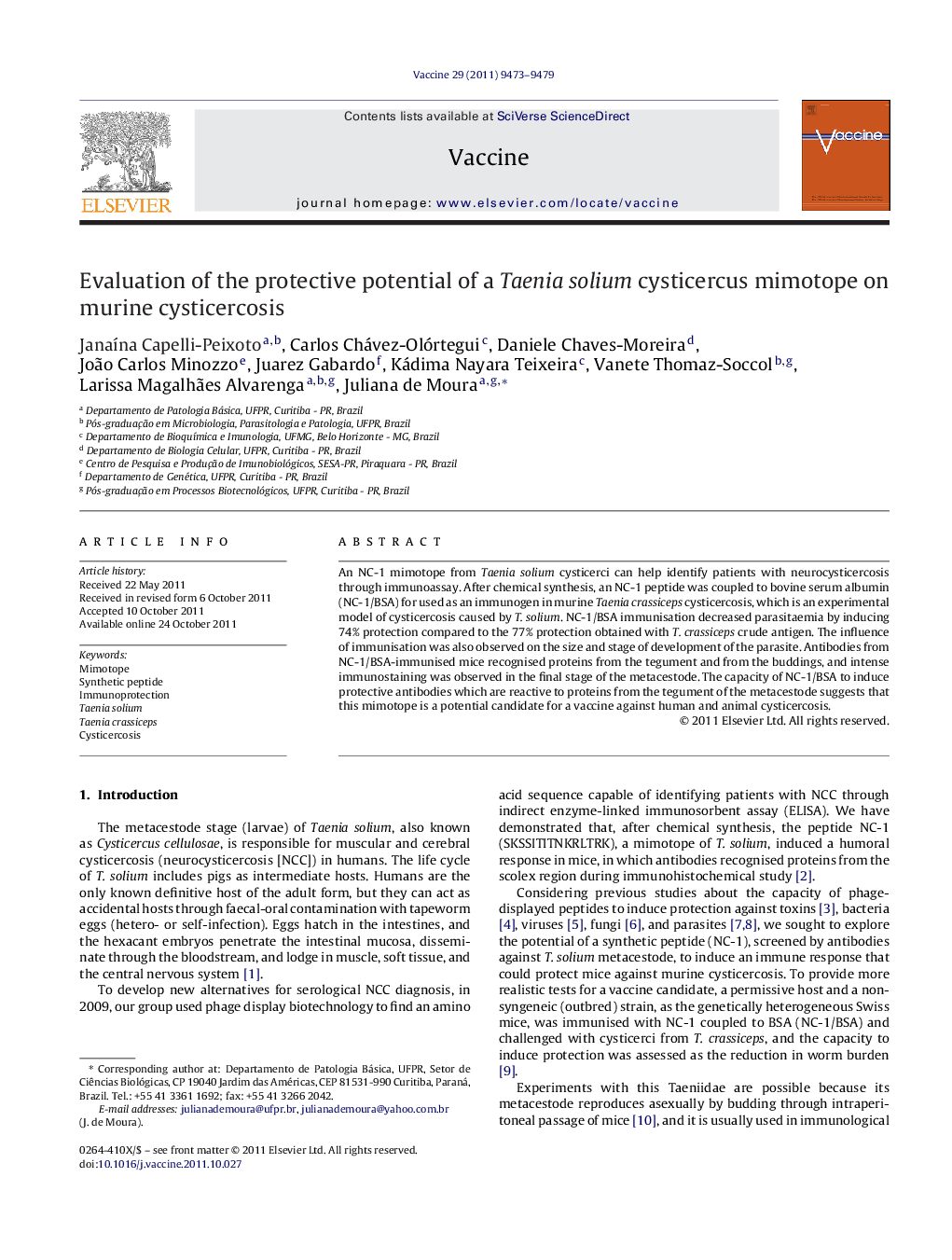 Evaluation of the protective potential of a Taenia solium cysticercus mimotope on murine cysticercosis