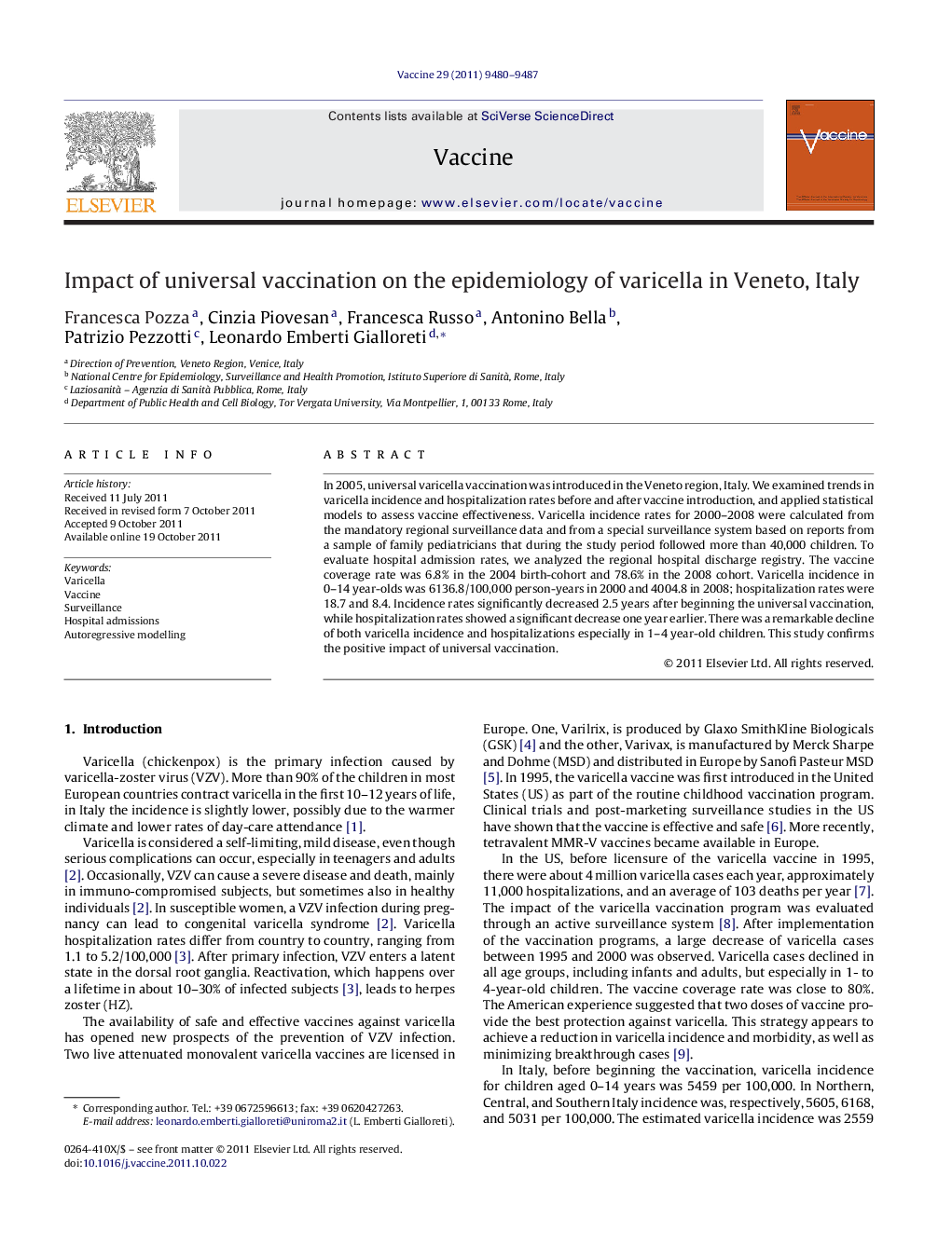 Impact of universal vaccination on the epidemiology of varicella in Veneto, Italy