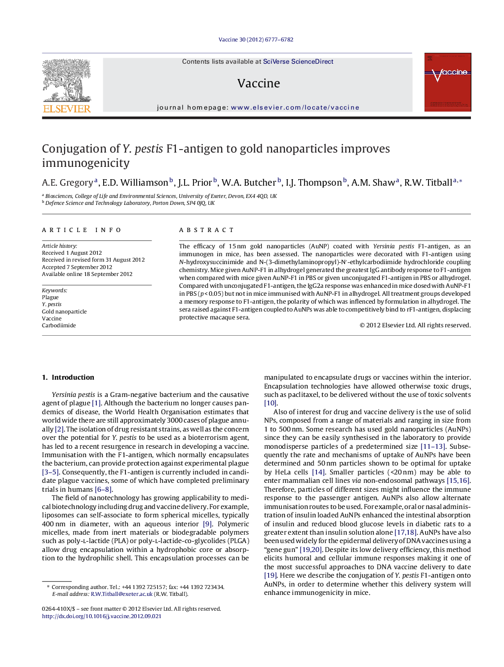 Conjugation of Y. pestis F1-antigen to gold nanoparticles improves immunogenicity