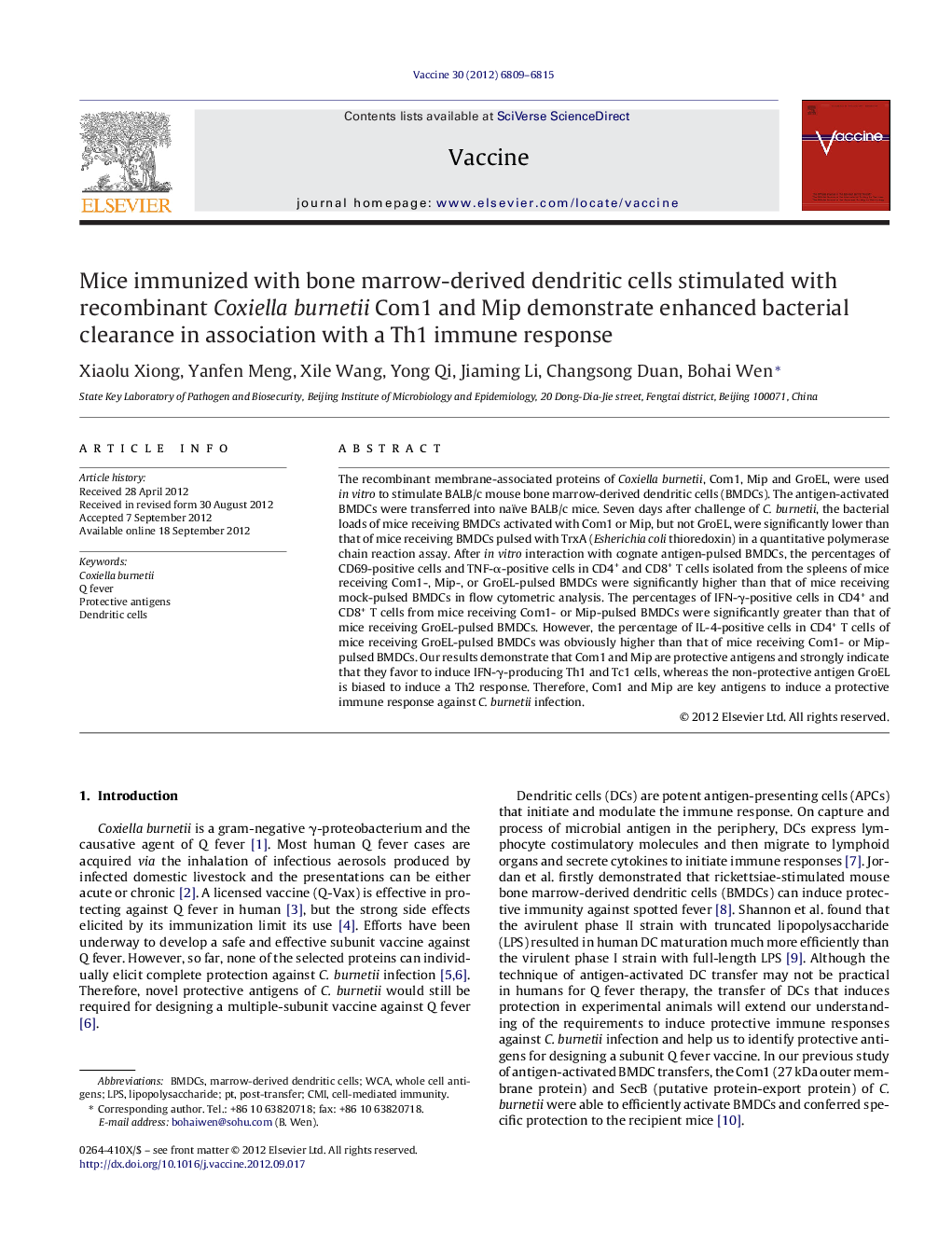 Mice immunized with bone marrow-derived dendritic cells stimulated with recombinant Coxiella burnetii Com1 and Mip demonstrate enhanced bacterial clearance in association with a Th1 immune response