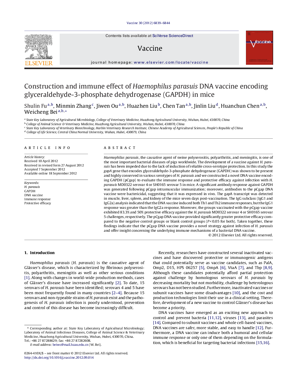 Construction and immune effect of Haemophilus parasuis DNA vaccine encoding glyceraldehyde-3-phosphate dehydrogenase (GAPDH) in mice