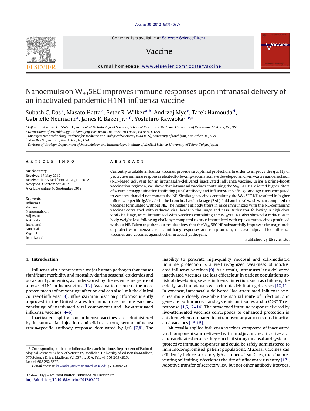 Nanoemulsion W805EC improves immune responses upon intranasal delivery of an inactivated pandemic H1N1 influenza vaccine