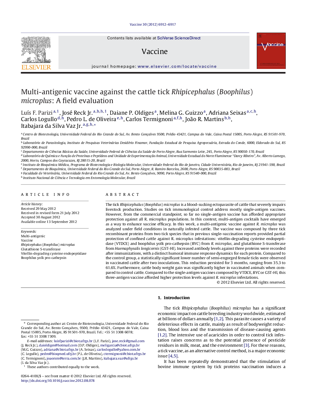 Multi-antigenic vaccine against the cattle tick Rhipicephalus (Boophilus) microplus: A field evaluation