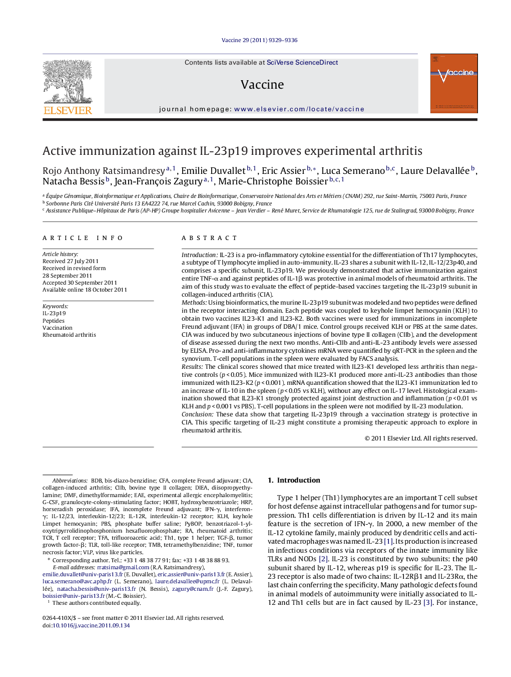 Active immunization against IL-23p19 improves experimental arthritis