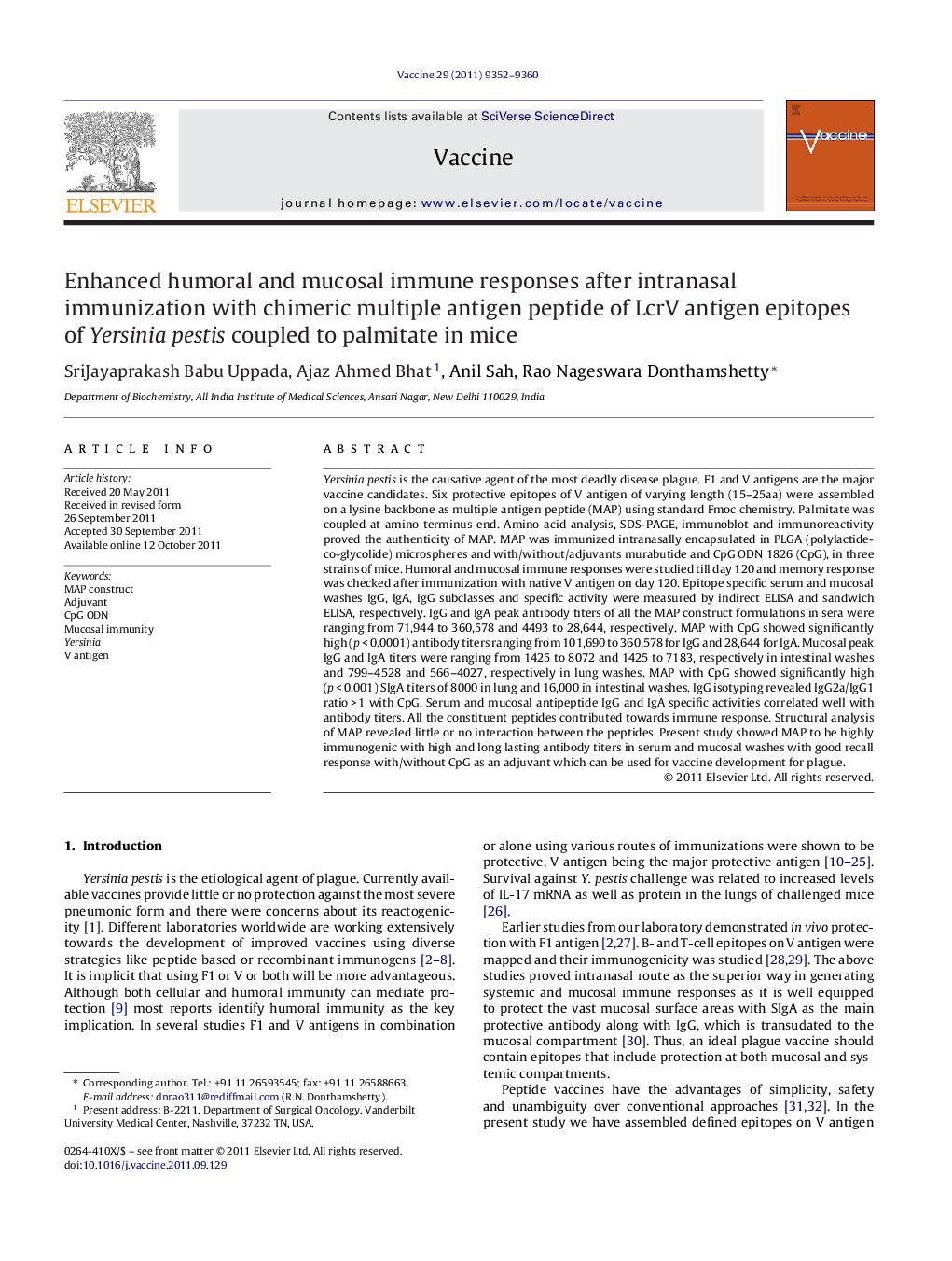 Enhanced humoral and mucosal immune responses after intranasal immunization with chimeric multiple antigen peptide of LcrV antigen epitopes of Yersinia pestis coupled to palmitate in mice