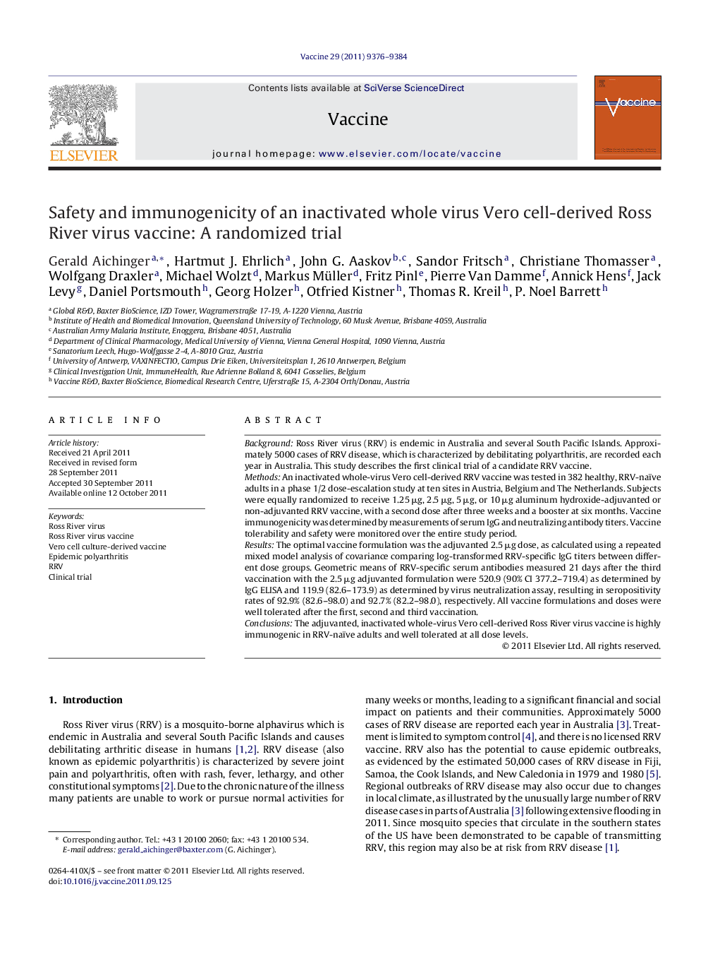 Safety and immunogenicity of an inactivated whole virus Vero cell-derived Ross River virus vaccine: A randomized trial