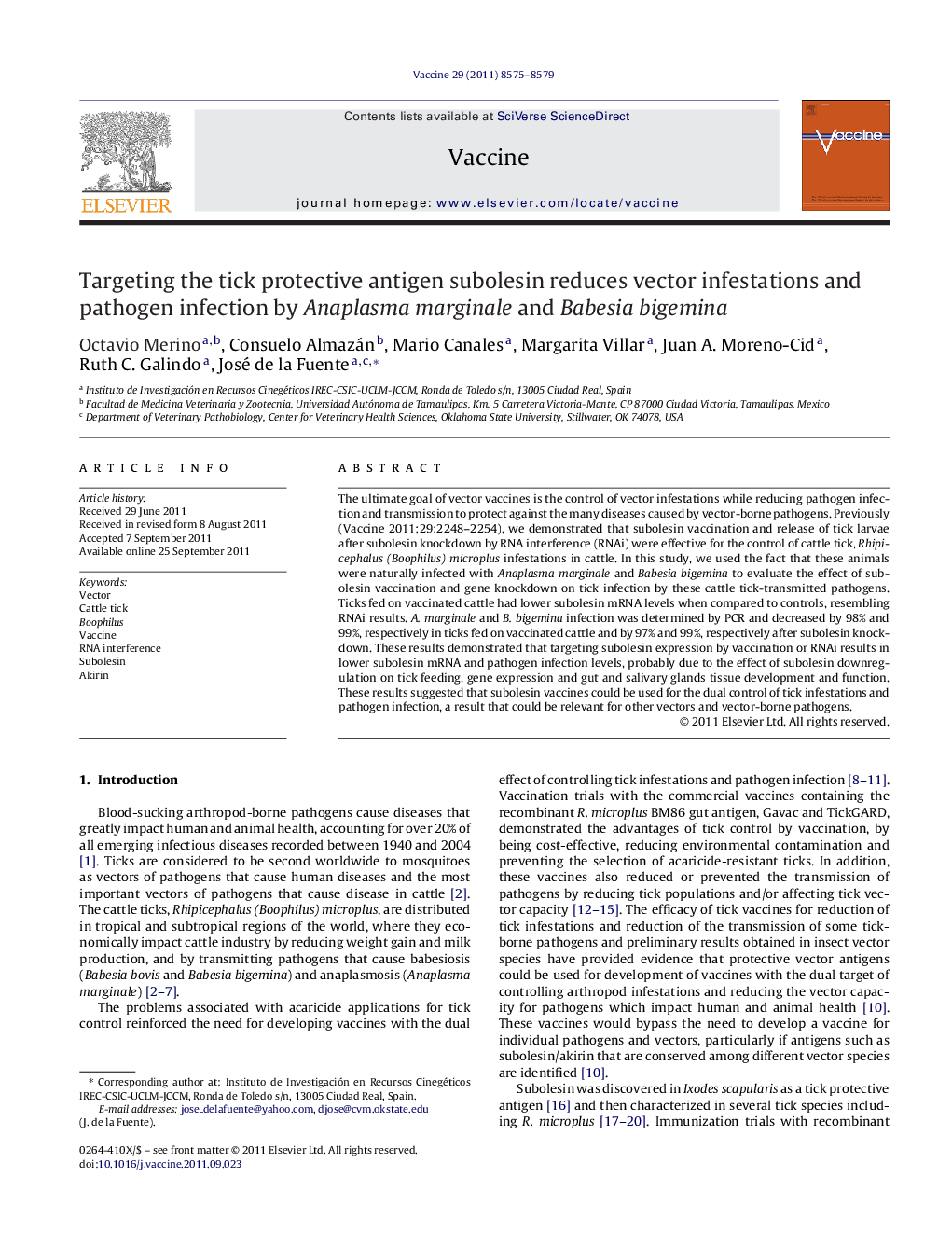 Targeting the tick protective antigen subolesin reduces vector infestations and pathogen infection by Anaplasma marginale and Babesia bigemina