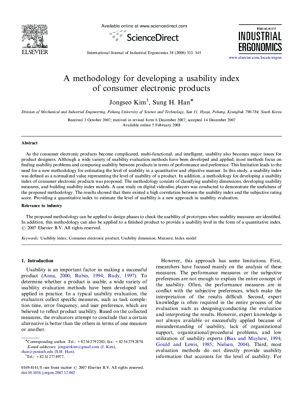A methodology for developing a usability index of consumer electronic products