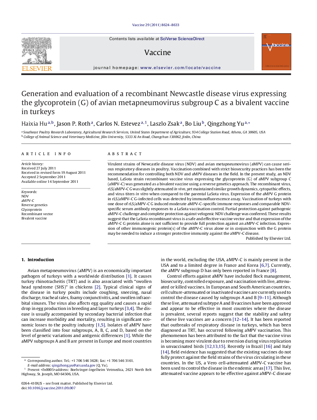 Generation and evaluation of a recombinant Newcastle disease virus expressing the glycoprotein (G) of avian metapneumovirus subgroup C as a bivalent vaccine in turkeys