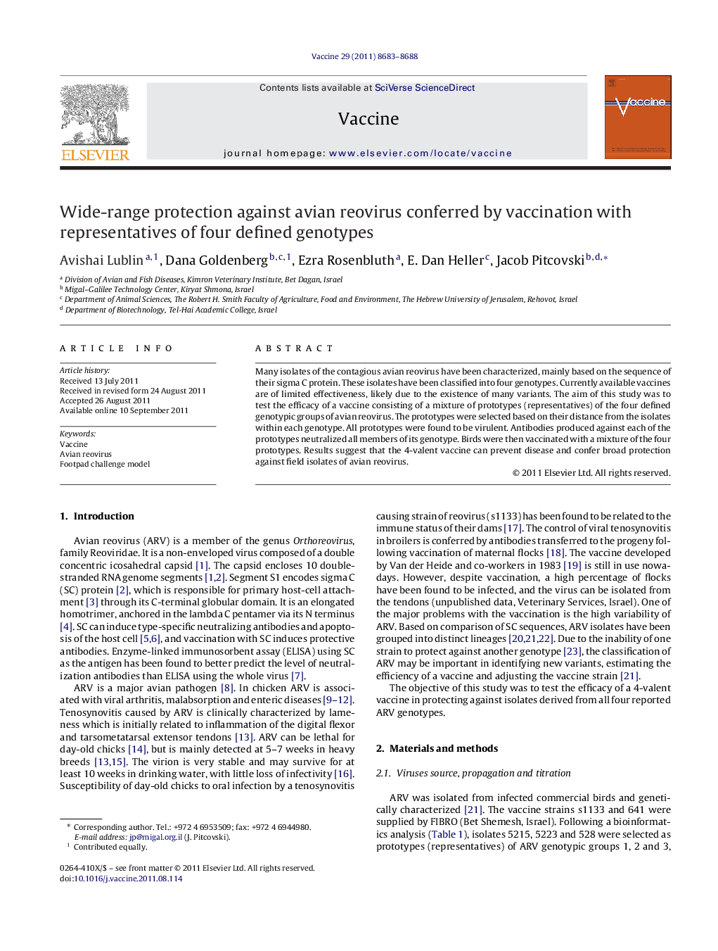 Wide-range protection against avian reovirus conferred by vaccination with representatives of four defined genotypes